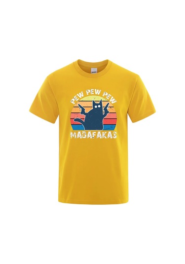 Teekossc Pew Pew Madafakas Erkek Kısa Kollu Komik Kedi T-shirt Vintage Yazlık Ekip Üstü Streetwear Chınaaçık Açık