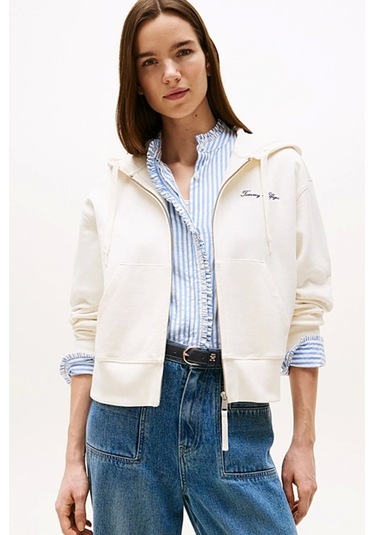 Tommy Hilfiger Kadın Yazı Baskılı Pike Fermuarlı Kapüşonlu Beyaz Sweatshirt Ww0ww45742ya8 Beyaz