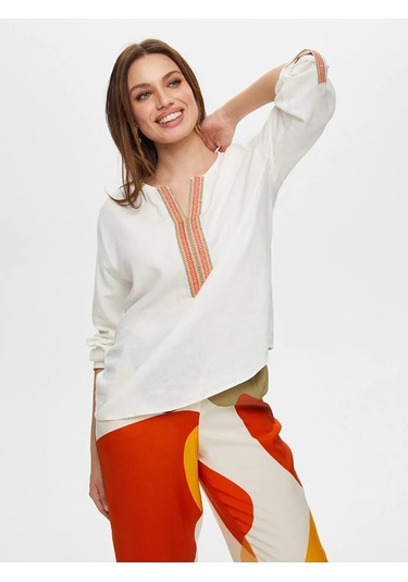 Faik Sönmez Yakası Nakışlı 3/4 Kol Ketenli Kadın Bluz Us25blz020 Ekru