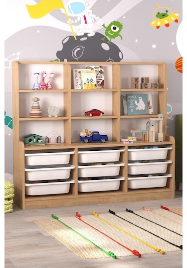 Bofigo 9 Sepetli 9 Raflı Dolap Çok Amaçlı Dolap Oyuncak Dolabı Almina Safir Meşe Açık Kahverengi