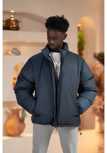 Oversize Bol Kesim Dik Yaka Fermuar Kapamalı Şişme Mont Lacivert