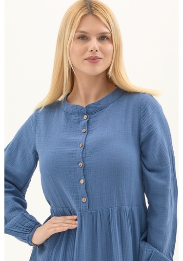 Uzun Kol İndigo Düğmeli Yazlık Uzun Müslin Elbise İndigo