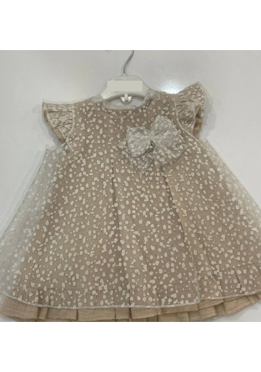 Yazlık Müslin Nokta Desenli Tüllü Taşlı Damla Aksesuarlı Bebe Kız Elbise Bej