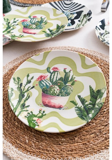 6'lı Kaktüs Desenli Pasta Tabağı Seti 20 Cm - Kahvaltı & Tatlı Sunum Renkli