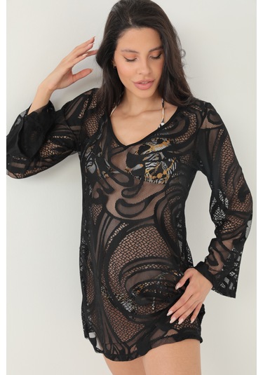 Kolları Volanlı Şal Desen Elbise Siyah