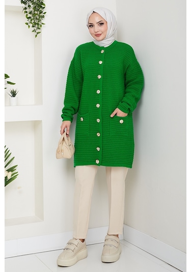 Lezgi Düğmeli Triko Hırka 1599 - Yeşil Yeşil