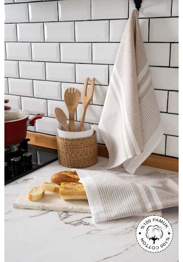 Vionel Home 45x65 2'li Kurulama Bezi, %100 Pamuk Yüksek Su Emici Bej