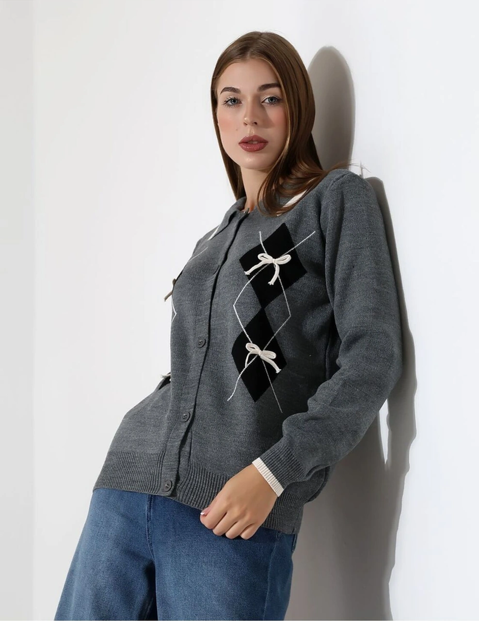 Baklava Desen Polo Yaka Kadın Kazak Antrasit