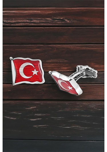Gümüş Dalgalı Türk Bayrağı Mineli Kol Düğmesi