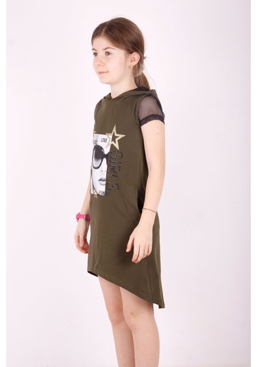 Toontoy Kız Çocuk Kapşonlu Cepli Elbise Haki