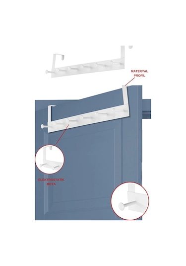 Pratik 6'lı Metal Kapı Arkası Askısı - 30 Kg Taşıma Kapasiteli Beyaz, 46.5 Cm
