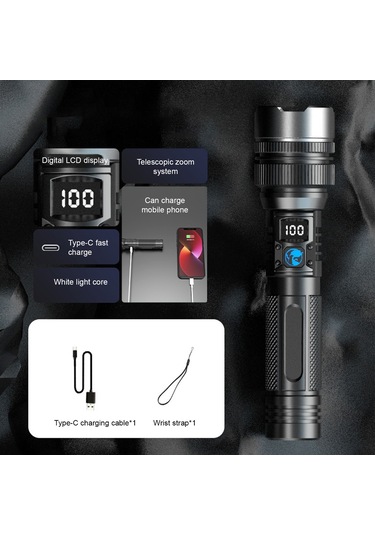 Yunboo Yüksek Güçlü Led Feneri - Geniş Aydınlatma/uzak Odaklama - Alüminyum Gövde - Su Geçirmez - Pil Göstergesi - Type-c Şarj - Cep Telefonu Şarj Edici Siyah