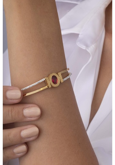 Gümüş Pazarım Kırmızı Taşlı Çift Şeritli Altın Kaplama Kadın Çelik Kelepçe Bileklik Renkli