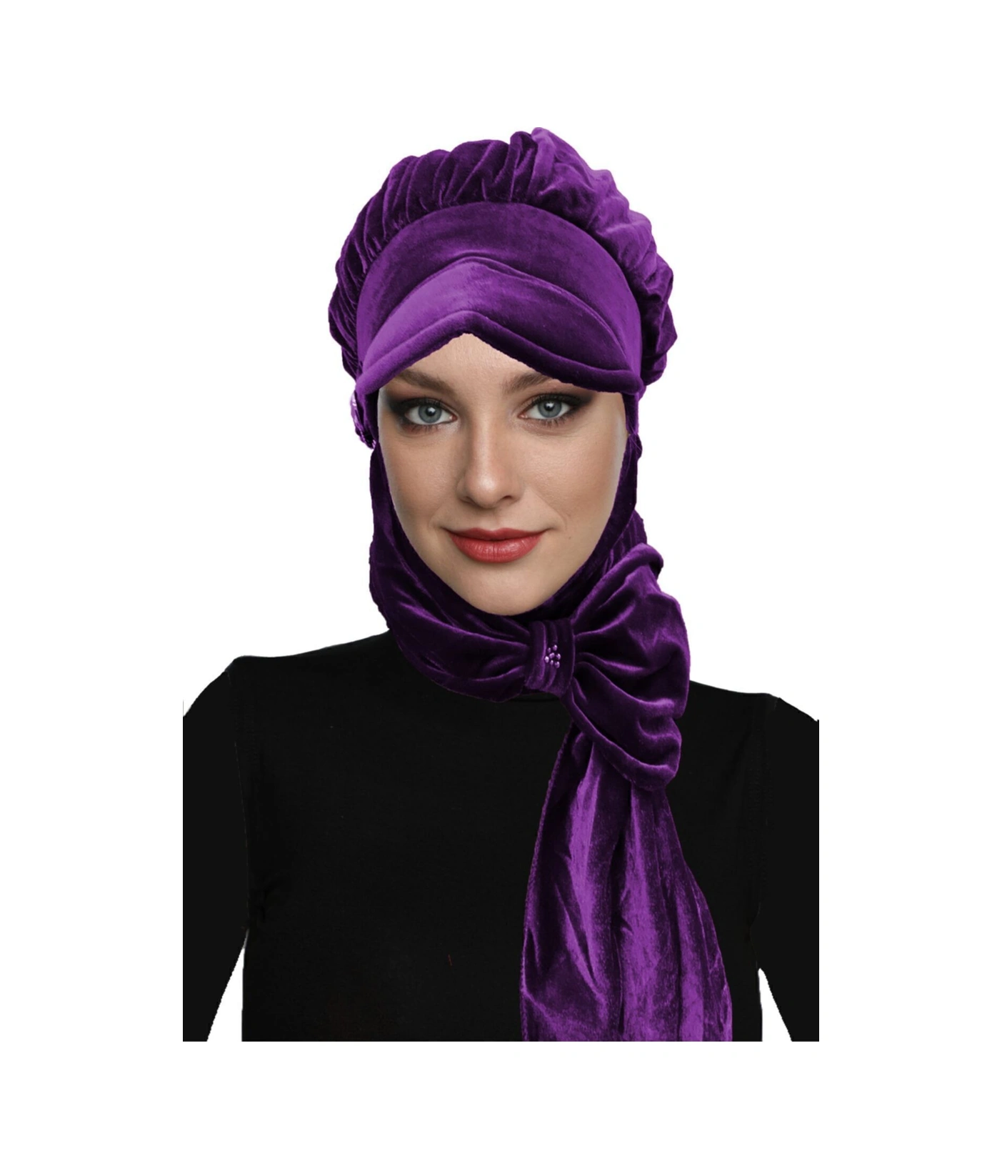 Kadife Şapka Atkılı Toka Detaylı Mor Hazır Türban Tesettür Bone Mor