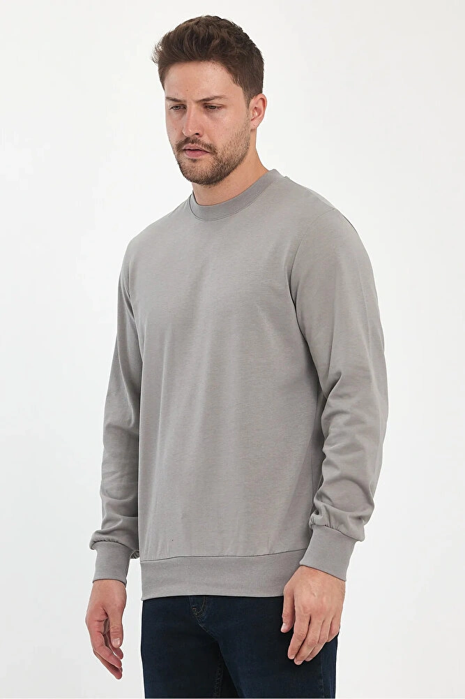 Erkek Bisiklet Yaka Baskısız Rahat Kalıp Mevsimlik Sweatshirt Haki