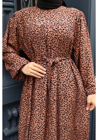 Kadın Kahve %100 Viskon Robalı Salaş Model Kuşaklı Battal Maxi Boy Tesettür Elbise Vbtl3324 Kahve