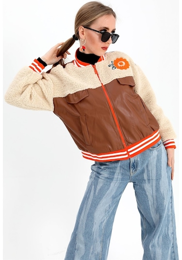 Beli Lastikli Nakışlı Derili Peluş Ceket Mont - Taba-taba Taba