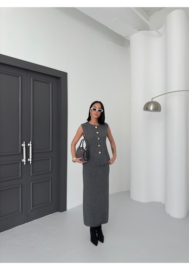 Kadın Düğme Detaylı Yelek Uzun Etek Alt Üst Triko Takım Antrasit
