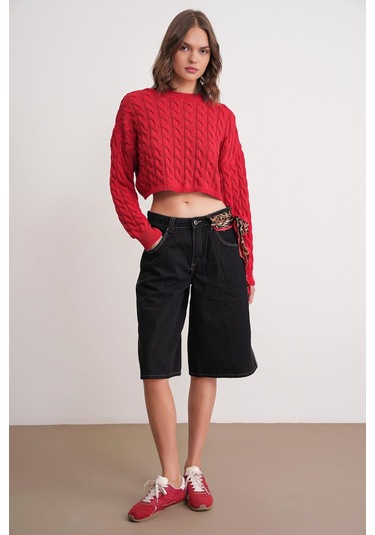 6863 Kadın Saç Örgülü Crop Triko Kazak Kırmızı Kırmızı