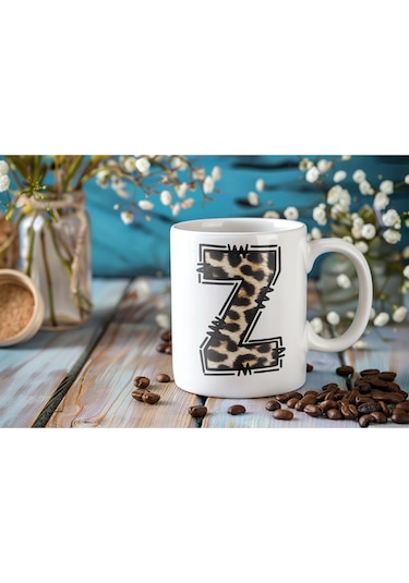 Z Baş Harf Leopar Desenli Kupa Bardak - Kişiye Özel Feminen Konsept Hediye - Vahşi Hayvan Desenli Beyaz