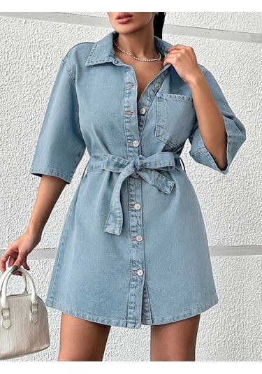 Shevega Kadın Açik Mavi Kuşakli Tek Cep Kısa Kot Elbise Mavi