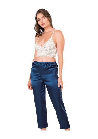 İPEK ÖZMEL Kadın  Saten Petrol Mavisi  Pijama Takım Petrol Mavi