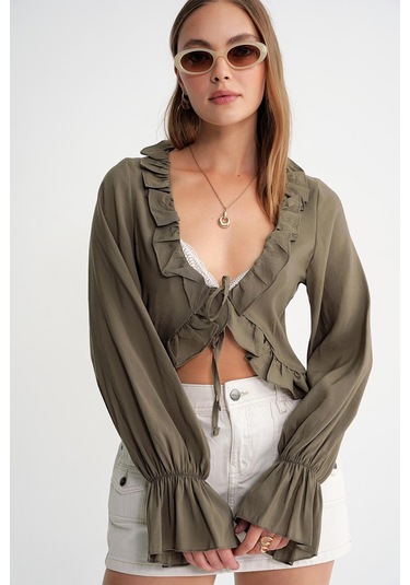 4712 Kadın Volanlı Modal Bolero Bluz Haki Haki