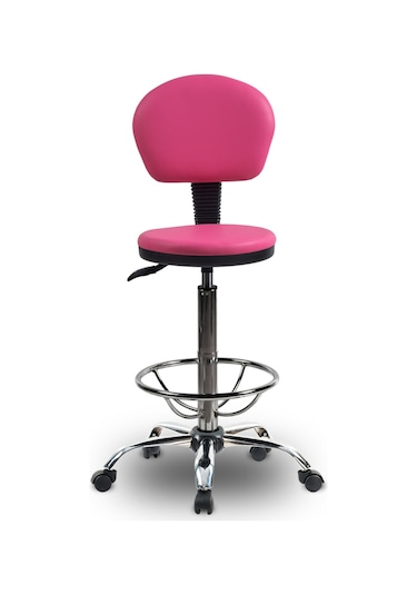 Ofiscombin Döner Tekerli Metal Ayak Arkalıklı Yüksek Bar Tabure Sandalyesi Pembe Deri 00047499855