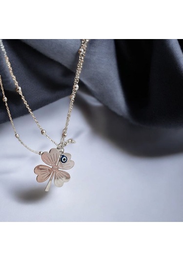 Gümüş Renk Dört Yapraklı Yonca Ve Nazar Boncuğu Kolye Şans Semb Gold