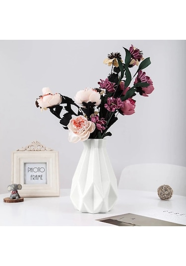 Çiçekler İçin Plastik Vazo Kırılmaz Beyaz Çiçek Vazosu Geometrik Vazo Seramik Görünümlü Ev Dekorasyonu İçin Plastik Vazo Beyaz