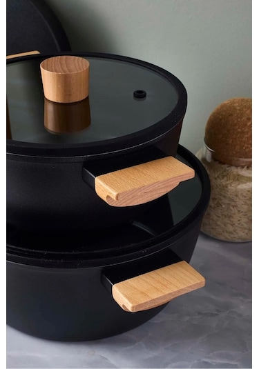 Cookwood Black 9 Parça Tencere Tava Seti Indüksiyon Tabanlı Ahşap Saplı 18080 Siyah