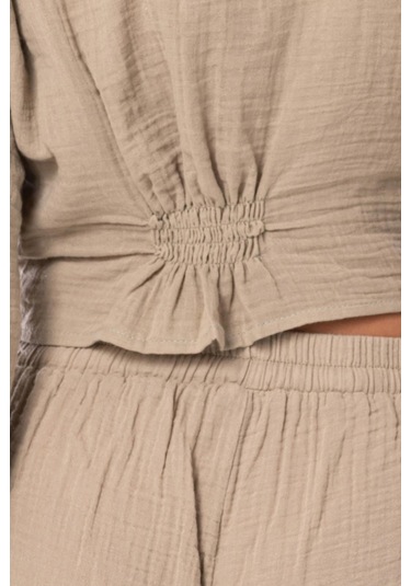 Uzun Kol Günışığı Büzgü Detaylı Yazlık Müslin Bluz Vizon Vzn-vizon Vizon