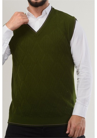 Kamalı Haki Erkek V Yaka Triko Örgü Tüylenmez Süveter Regular Fit Saç Örgü Desenli Haki