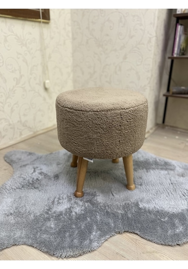 Asedia Miskin Naturel Teddy Kahve Ahşap Ayaklı Peluş Puf Makyaj Koltuğu Yuvarlak Tabure