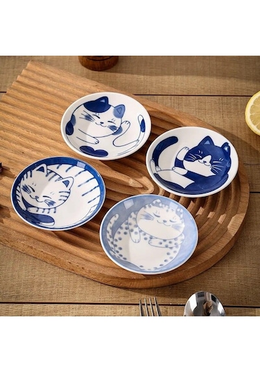 B Japon Tarzı Seramik Tatlı Sos Tabağı Sofra Yaratıcı Sevimli Karikatür Şanslı Kedi Desen Su Damlası Şekli Meyve Suşi Tabakları