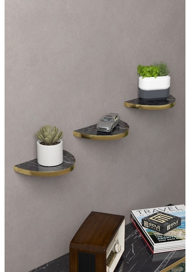Duvar Rafı Dekoratif 3 Adet Çiçeklik Oval Altın Bendir