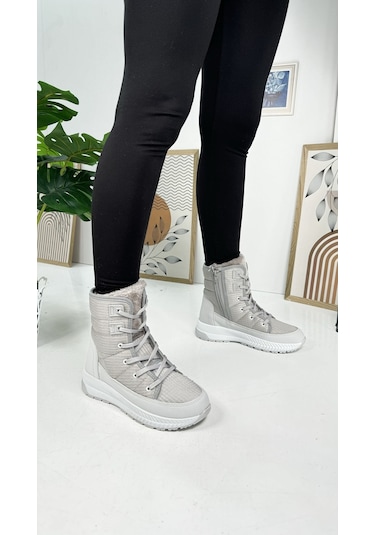 Günlük Kadın Kar Botu Kürklü Bağcıklı Fermuarlı Rahat Yüksek Kalın Tırtıklı Taban Bootie 815 Buz