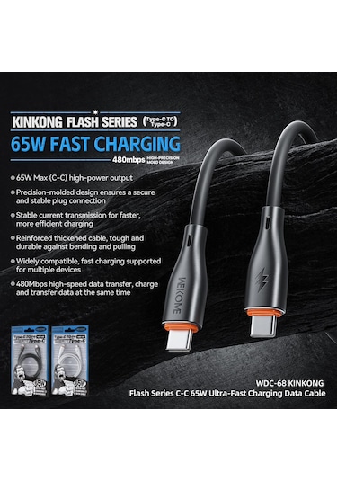 Wk Wdc-68 Kinkong Flash Serisi 1m 65w Pvc Hızlı Şarj Veri Kablosu, Arayüz: Tip-c'den Tip-c'ye Siyah