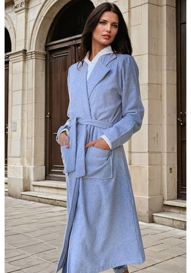 Gri Şal Yaka, Cepli, Kuşak Detaylı, Astarsız, Uzun Kaban Gri