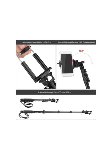 Springsun Yunteng Yt-188 Aluminyum Monopod: 38-128cm Uzunluk Ayarlı, Telefon Tutucu Ve 1/4 İnç Vidalama, 180 Döner Kafa, Kaymazsız Tutucu