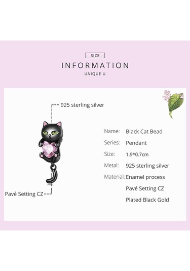 Wostu 925 Ayar Gümüş Sevimli Küçük Siyah Kedi Takılar Boncuk Pembe Kalp Zirkon Kadınlar İçin Fit Orijinal Dıy Bilezik Takı Hediyeler Siyah - Gümüş