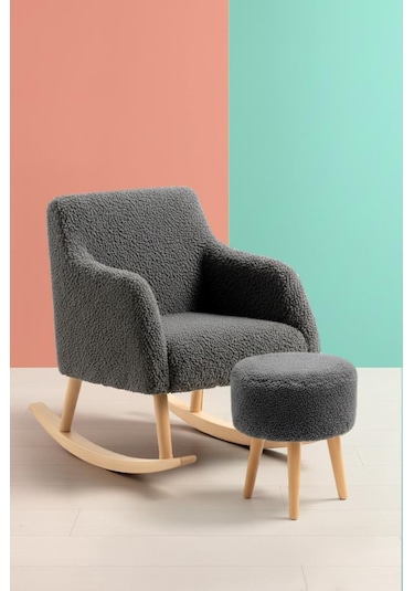 Loop Sallanan Sandalye Ve Puf Seti Antrasit Teddy Kumaş Ahşap Ayaklı Berjer - Sallanan Koltuk Puf Antrasit
