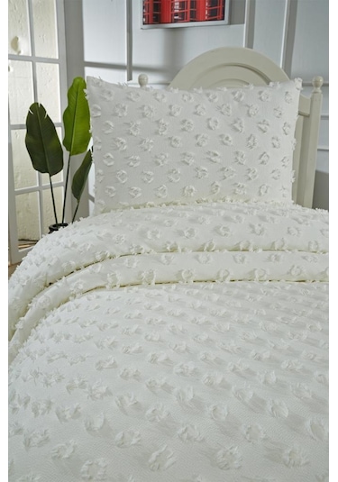 Çeyiz Diyarı Konik 2 Parça Tek Kişilik Pike Takımı Krem Krem