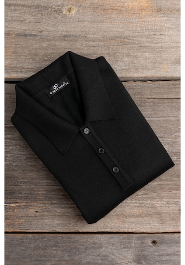 Woolen World Polo Yaka Battal Büyük Boy Yünlü Triko Kazak Siyah
