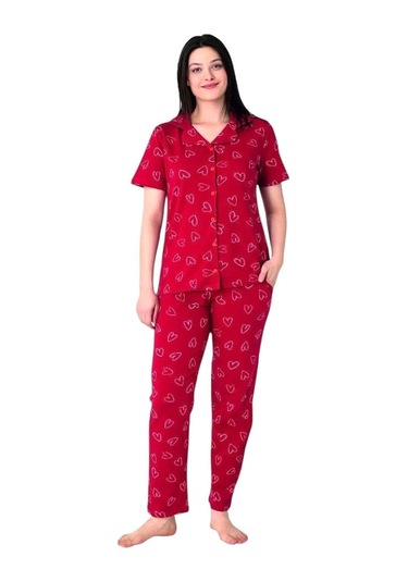 Estiva Kalpli Desen Önden Düğmeli Bayan Pijama Takım Kırmızı