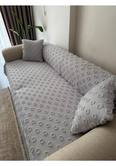 Konik Kırlent Kılıfı Hediyeli 170x210 Cm Pamuklu Koltuk Örtüsü Gri Gri