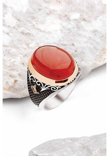 ​​Gümüş Özel Kesim Kapşon Akik Taşlı Osmanlı Tuğralı Erkek Yüzük -5568