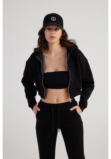 Holly Lolly Kadın Siyah Kapüşonlu Uzun Kol Fermuarlı Crop Mixed Sweat