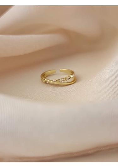 İki Sıralı Çapraz Zirkon Taşlı Ayarlanabilir Gold Altın Renkli Yüzük Gold