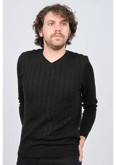 Desen Triko Erkek V Yaka Yün Kazak 0249626 Siyah Siyah